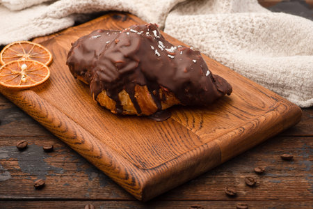 Croissant, croissant with different fillings, wooden background