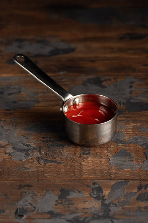 Cheese sauce, mustard, sour cream, tomato, sweet and sour sauce on a wooden backgroundの写真素材