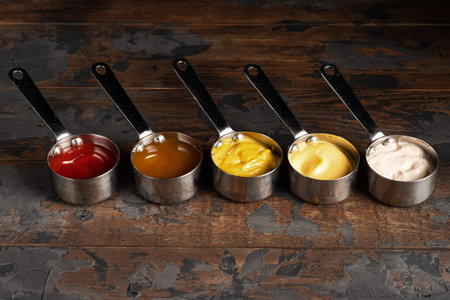 Cheese sauce, mustard, sour cream, tomato, sweet and sour sauce on a wooden background