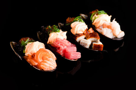 Sushi, rolls, sushi on a black background, musselsの写真素材