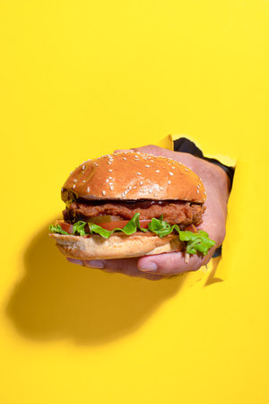 Burger with chicken, on a yellow background, bright backgroundの写真素材