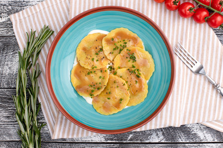 ravioli, italian ravioli on a white wooden background, top viewの写真素材