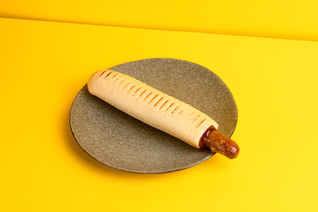 french hot dog, yellow background side view