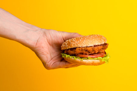 Burger with chicken and vegetables on a yellow backgroundの写真素材