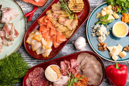 Snacks, fish, salted bacon, cheese, meat appetizer on a white background, side and top viewの写真素材