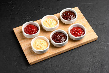 Sauces, different sauces on a wooden board on a black backgroundの写真素材