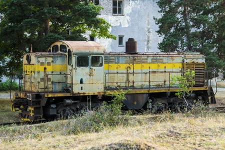 Old soviet diesel locomotive on the railroadの写真素材