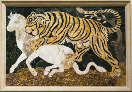 tigress attaching a calf, multicolor marbles. 4th century AD Rome, equilin hill, Basilica of Julius Basus.Photo taken: 13th june 2017. Musei Capitolini, Romeのeditorial素材