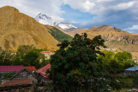 view of the kazbeg mountain from the town Stepantsminda