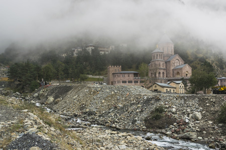 view of the Holy Archangel Monastery complex on georgia russia border. it is one of the largest churches in Georgia. photo taken on 24.09.2017, daryal, Georgia.のeditorial素材