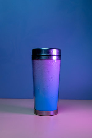 cocktail shaker in pink tones on purple backgroundの写真素材