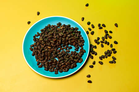 pine nuts scattered on a plate on a yellow backgroundの写真素材