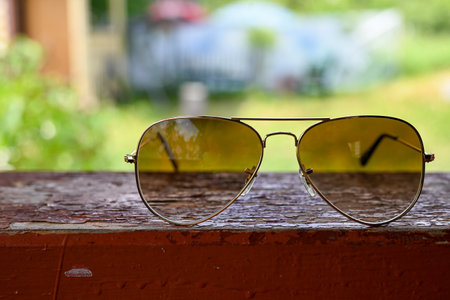 Brown sunglasses on the background of plantsの写真素材