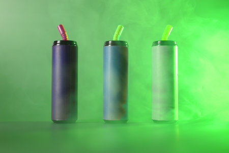 Multi-colored electronic cigarettes for vaping on a green backgroundの写真素材