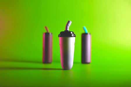 Multi-colored electronic cigarettes for vaping on a green backgroundの写真素材