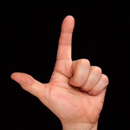 The thumb and index finger on the mans hand. Account to two.の写真素材