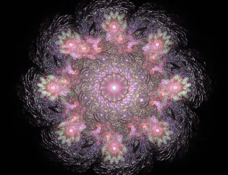Lacy colorful clockwork pattern. Digital fractal art design. Abstract design of sacred symbols signs...