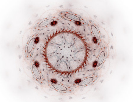 Abstract fractal red background with crossing circles and ovals. Disco lights. Motion illustration.