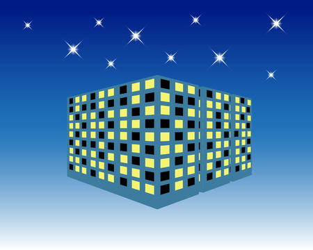 Night landscape. Building silhouette in the evening. Modern city design. Buildings on the blue dark sky background with stars. Vector illustrationのイラスト素材