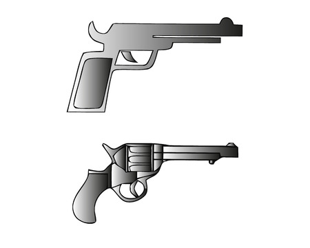 Monochrome illustrations of retro weapons. Revolvers vintage guns. Vector pictures set. Revolver gun and weapon monochrome black, pistol classic cowboyのイラスト素材