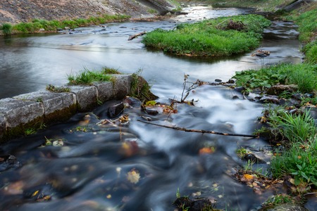 Waterfall mountain view close up. Mountain river waterfall landscape. Waterfall river sceneの写真素材