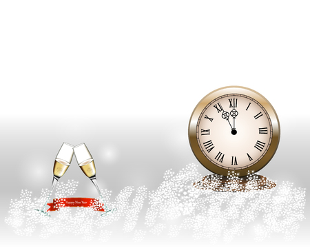 Two glasses with champagne with clock on gray background. New Year sign.のイラスト素材
