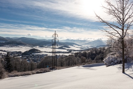 Majestic sunset in the winter mountains landscape. Dramatic sky.の写真素材