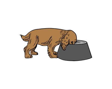 Cartoon dog eating food from gray bowl with footstep on white background. Vector ilustration.のイラスト素材