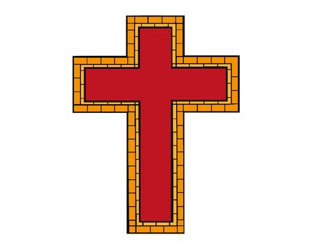 Red drawing of christian cross in doodle cartoon style. Vector illustration. Hand drawn christian cross, isolated.のイラスト素材