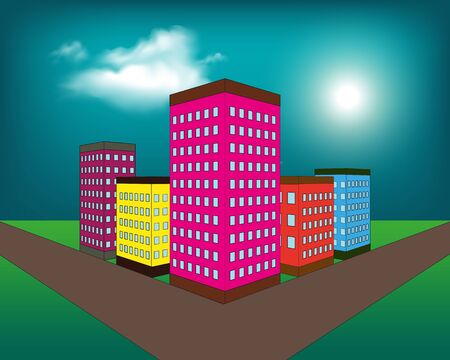 Set of vector flat style facades of panel houses. Classic blocks of flats architectural symbols and design elements. Collection for product promotion and advertising isolated on colored backgroundのイラスト素材