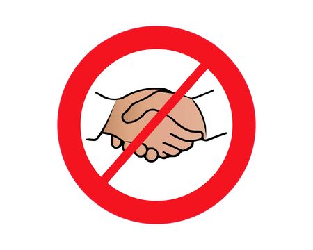 No handshake icon with red forbidden sign, avoiding physical contact and coronavirus infection. Forbidden handshake symbol concept. Vector illustration.のイラスト素材