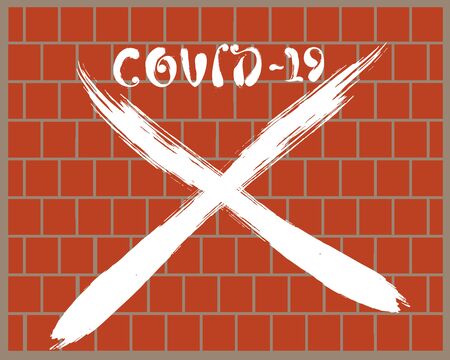 Spray graffiti inscription COVID-19 on red brick wall. New official name for Coronavirus. A warning message against spreading disease.のイラスト素材