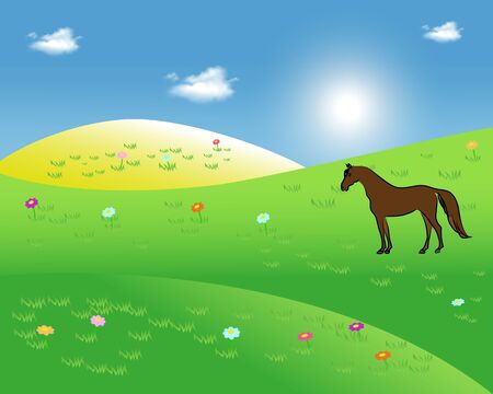 Landscape with horses and clouds. Horse silhouette on grassland in the rolling hills illustration in the flat style.のイラスト素材