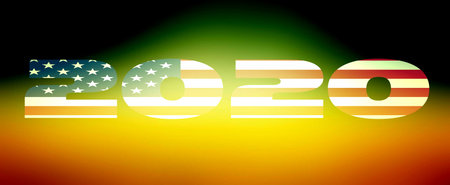 2020 label on a sunlight surface. Game of light and darkness on an ancient background. United States...