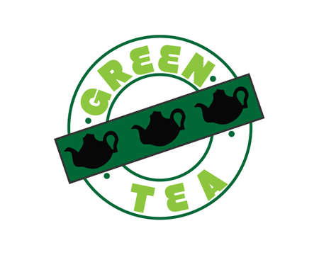 Green type of tea with three silhouettes of teapot. Hand calligraphy lettering. Vector illustration.のイラスト素材