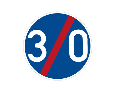 End command road sign. Minimum speed limit. Vector traffic sign.