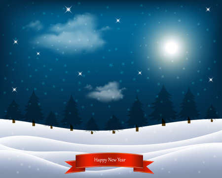 Vector illustration. Winter night landscape. Sky with clouds and the moon, the snow-covered field, forest, snow. Christmas background.のイラスト素材