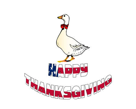 Cute goose vector flat illustration with Happy Thanksgiving text isolated on white background. Farm animal goose cartoon characterのイラスト素材