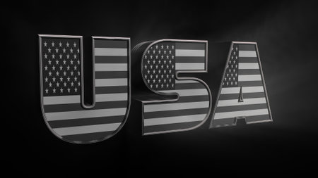 3D illustration USA text with American flag inside the text. 3d rendering on black background. USA flag in text. American flag in letters. National emblem. Patriotic illustration.の写真素材