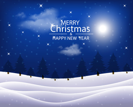 Merry Christmas. Winter holiday landscape with snowdrifts and snowy fir trees. Vector 3d illustration. Seasonal nature background. Frosty snow hills.のイラスト素材