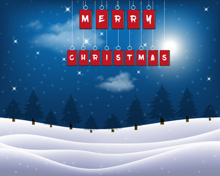 Winter Christmas Landscape Vector Background with snow covered hills, deer, ribbon bannerのイラスト素材