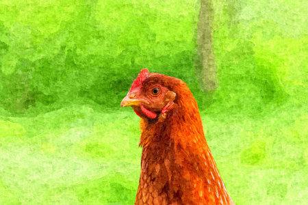 Art painting oil color, chicken, cock, hen, paint brushes.