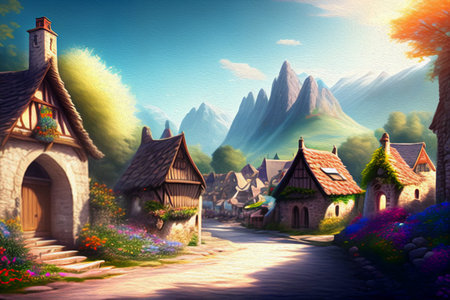 Asphalt road in Alps mountain village. Road trip concept.の写真素材