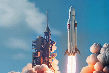 New Ship flies to another planet. Spaceship takes off into the starry sky. Rocket starts into space. Conceptの素材