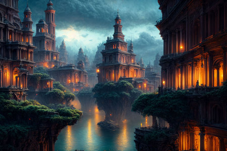 Mystery creepy view of Roman Forum at night. Amazing night illuminated view of the Saint Nicholas Roman Catholic Cathedral House.の素材