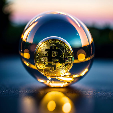 Bitcoin in glass ball on wooden table. Generated AI.の素材