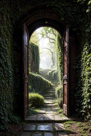3d rendering of a fantasy doorway portal framed by green vines leading into a idyllic garden. Generative AIの素材