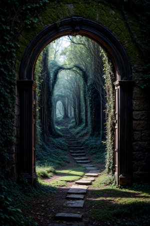 A way to freedom. Dirt road in green meadow in open door of ancient house. Photo toned in brown color. Generative AIの素材