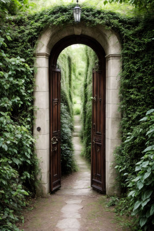 3d rendering of a fantasy doorway portal framed by green vines leading into a idyllic garden. Generative AIの素材