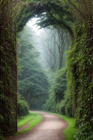 3d rendering of a fantasy doorway portal framed by green vines leading into a idyllic garden. Generative AIの素材